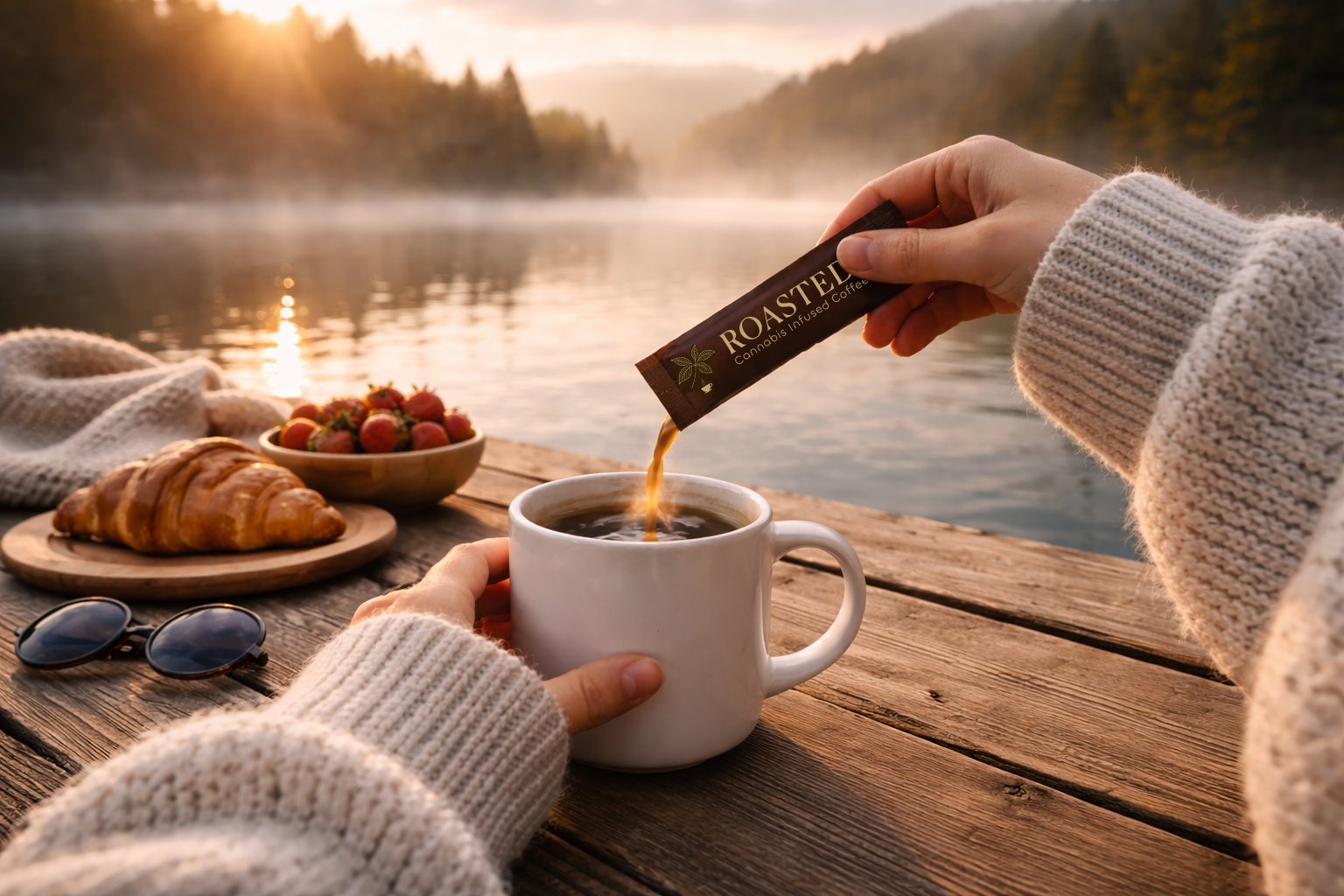 A hand pouring a ROASTED sachet into a steaming mug beside a lake at sunrise