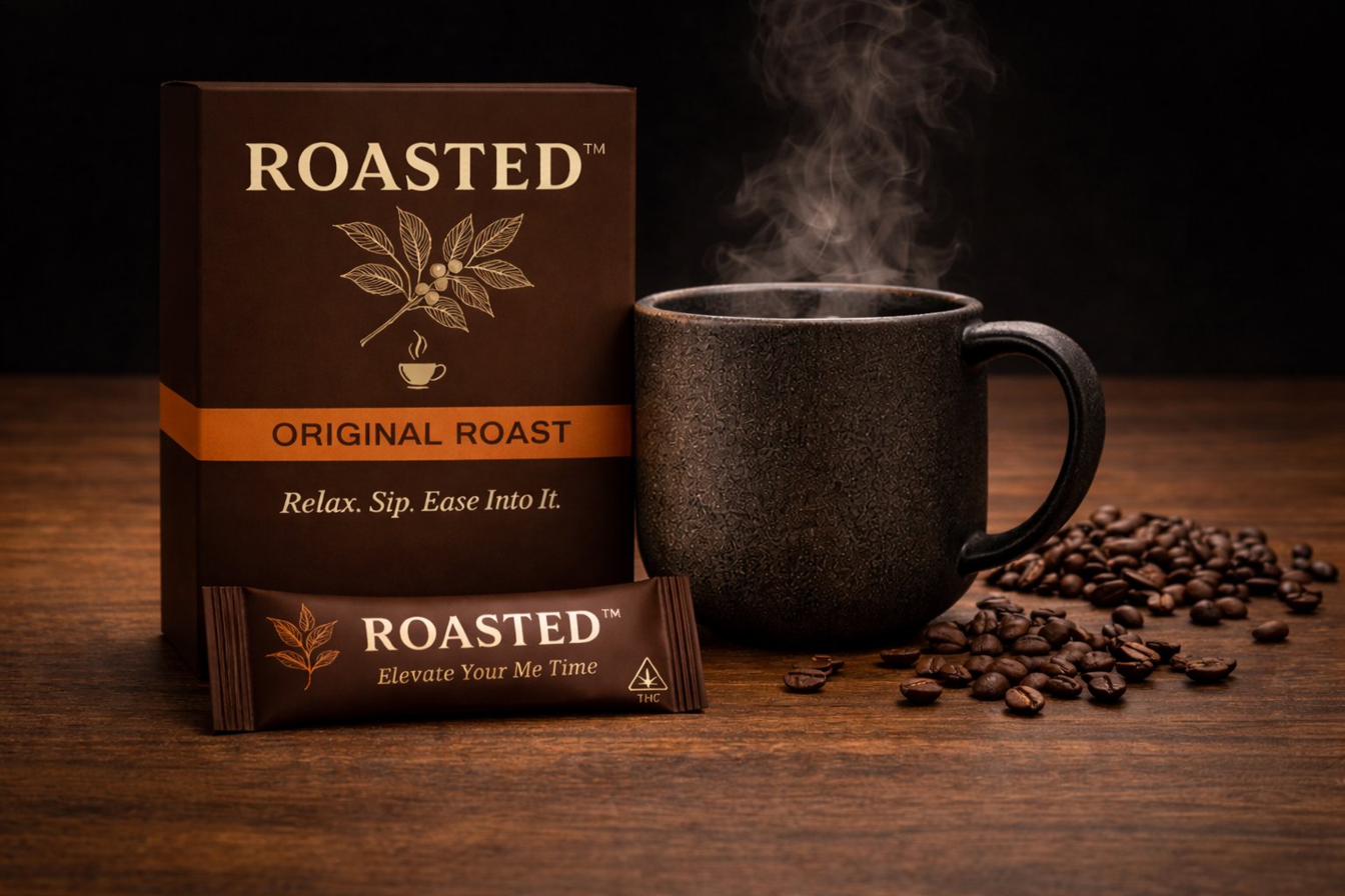 ROASTED carton and sachet beside a steaming mug and scattered coffee beans